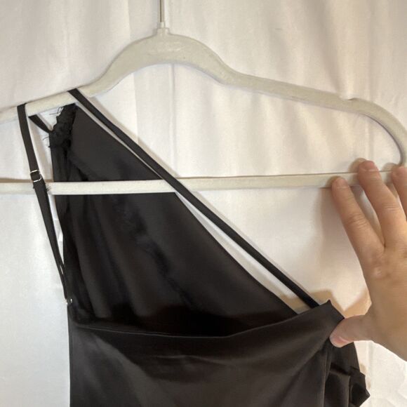 Women’s Unbranded One Shoulder Black Slip Dress Thigh High Slit Size Small - Picture 10 of 15